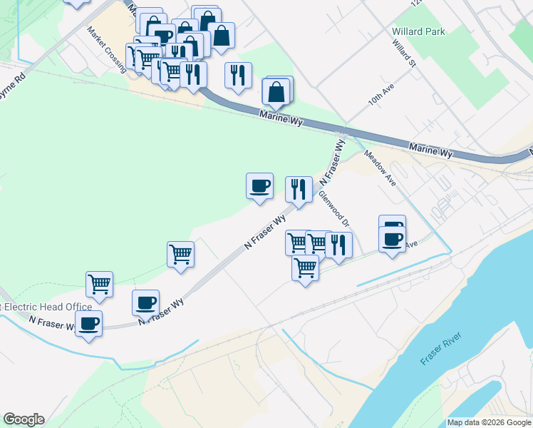 map of restaurants, bars, coffee shops, grocery stores, and more near 8288 North Fraser Way in Burnaby