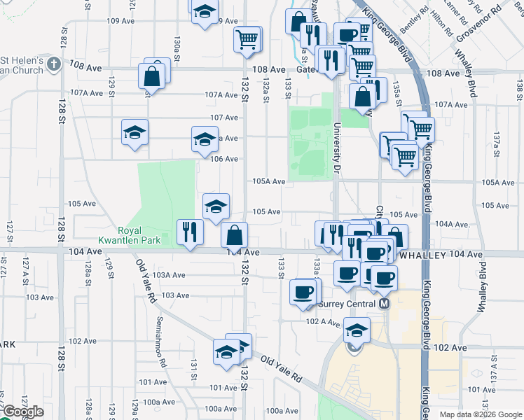 map of restaurants, bars, coffee shops, grocery stores, and more near in Surrey