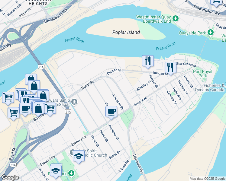 map of restaurants, bars, coffee shops, grocery stores, and more near 341 Johnston Street in New Westminster