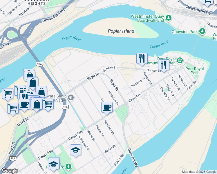 map of restaurants, bars, coffee shops, grocery stores, and more near 341 Johnston Street in New Westminster