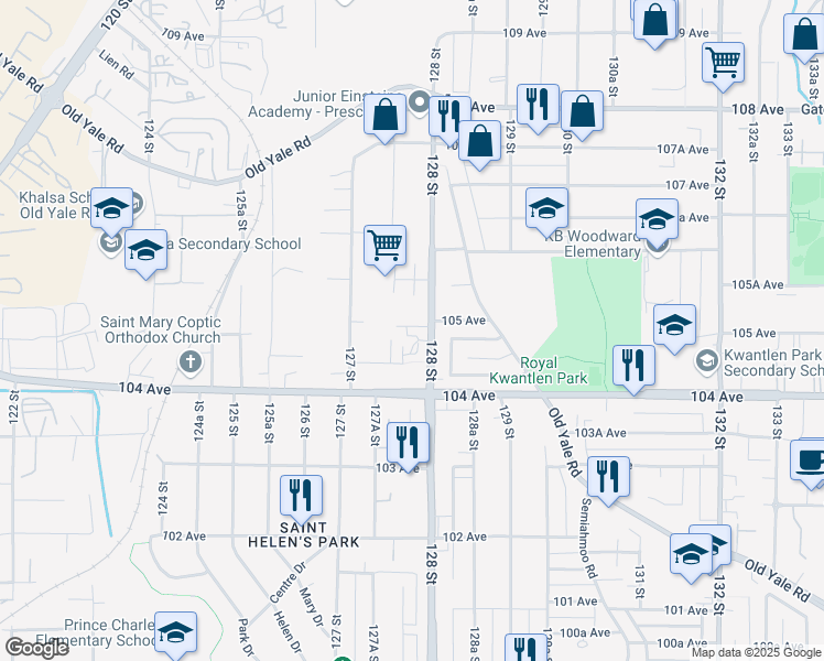 map of restaurants, bars, coffee shops, grocery stores, and more near 12770 105 Avenue in Surrey