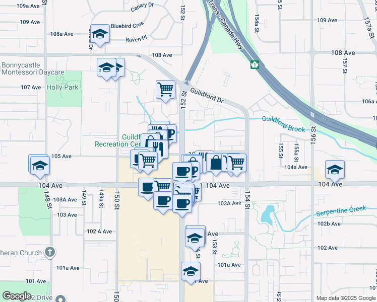 map of restaurants, bars, coffee shops, grocery stores, and more near 15215 105 Avenue in Surrey