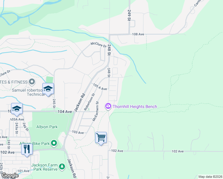 map of restaurants, bars, coffee shops, grocery stores, and more near 10415 Robertson Street in Maple Ridge