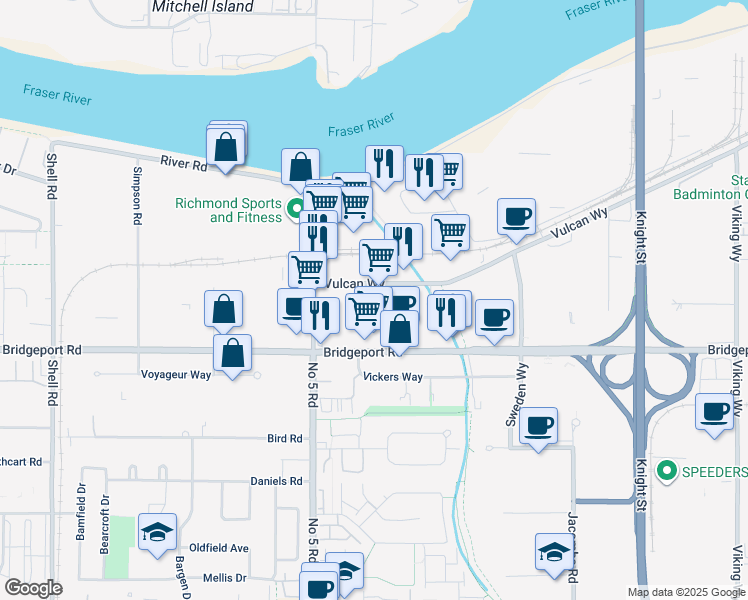 map of restaurants, bars, coffee shops, grocery stores, and more near 180-12211 Vulcan Way in Richmond