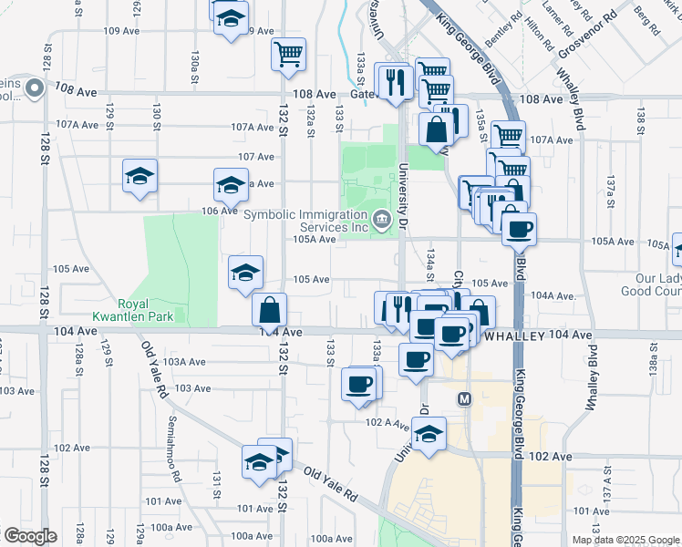 map of restaurants, bars, coffee shops, grocery stores, and more near 13327 105 Avenue in Surrey