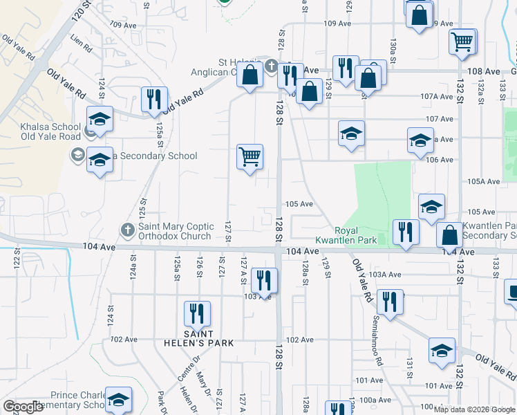 map of restaurants, bars, coffee shops, grocery stores, and more near 105 Avenue in Surrey
