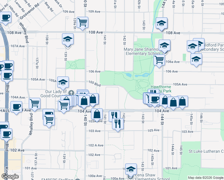 map of restaurants, bars, coffee shops, grocery stores, and more near 14135 104 Avenue in Surrey