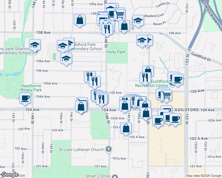 map of restaurants, bars, coffee shops, grocery stores, and more near 10509 Holly Park Lane in Surrey