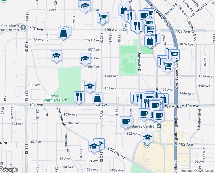 map of restaurants, bars, coffee shops, grocery stores, and more near 13258 105 Avenue in Surrey