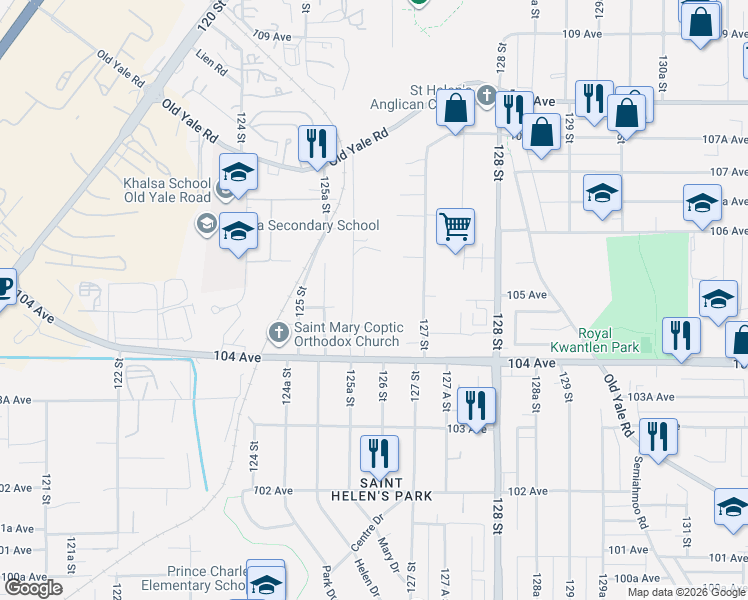map of restaurants, bars, coffee shops, grocery stores, and more near 12585 104A Avenue in Surrey