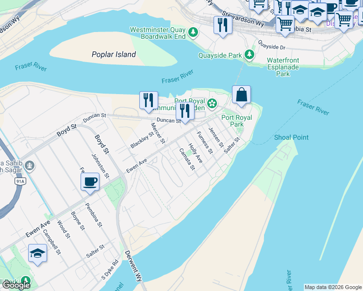 map of restaurants, bars, coffee shops, grocery stores, and more near 293 Camata Street in New Westminster