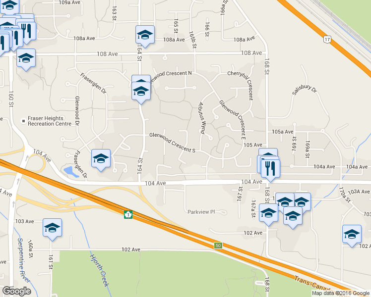 map of restaurants, bars, coffee shops, grocery stores, and more near 16569 Glenwood Crescent South in Surrey