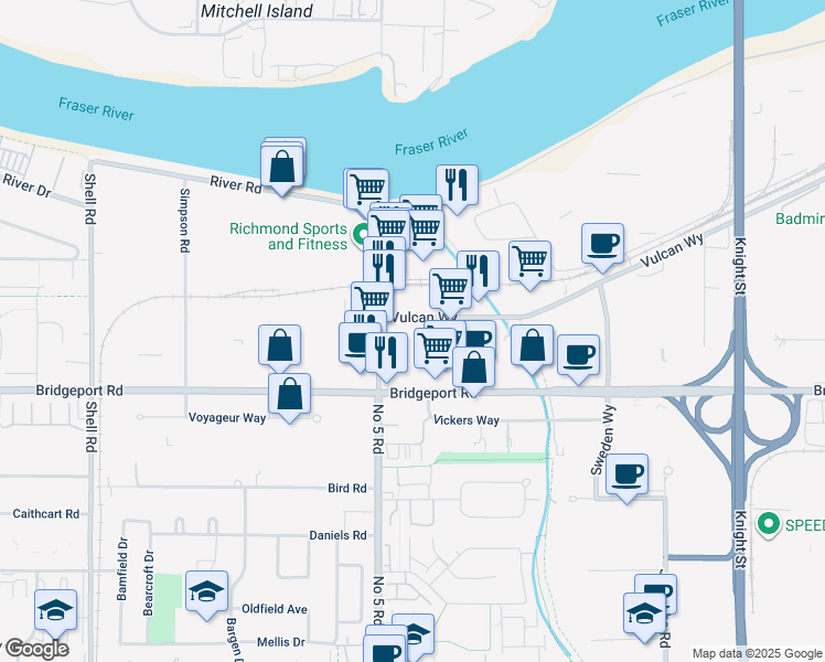map of restaurants, bars, coffee shops, grocery stores, and more near in Richmond