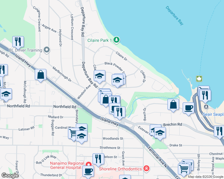 map of restaurants, bars, coffee shops, grocery stores, and more near 11 Cilaire Drive in Nanaimo