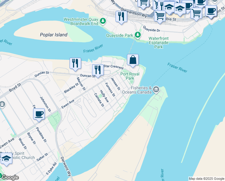 map of restaurants, bars, coffee shops, grocery stores, and more near 241 Furness Street in New Westminster