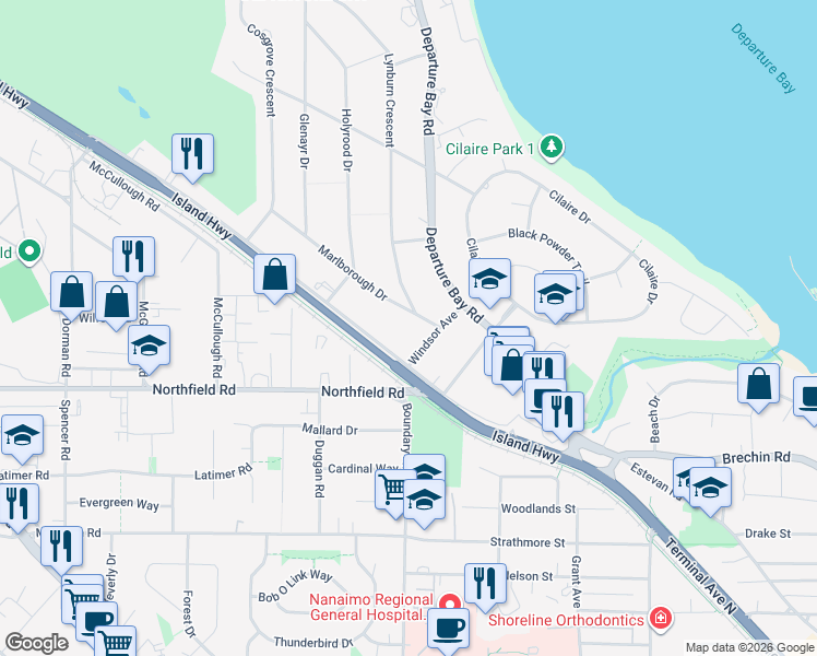 map of restaurants, bars, coffee shops, grocery stores, and more near 2305 Marlborough Drive in Nanaimo