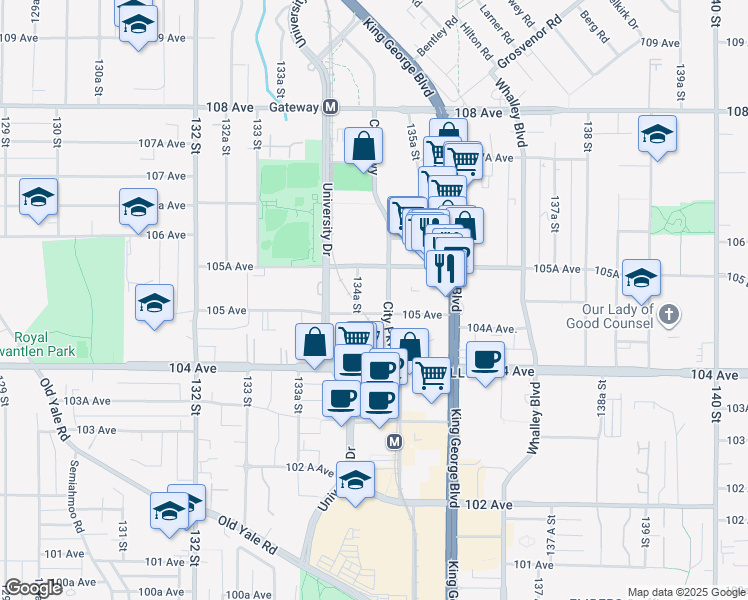 map of restaurants, bars, coffee shops, grocery stores, and more near 105 Avenue in Surrey