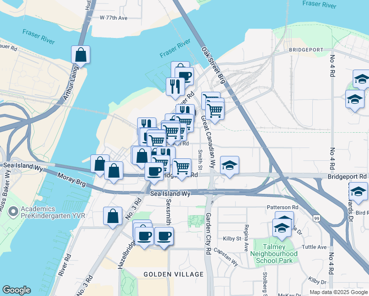 map of restaurants, bars, coffee shops, grocery stores, and more near in Richmond