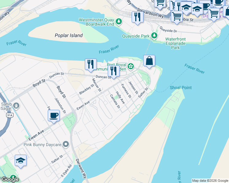 map of restaurants, bars, coffee shops, grocery stores, and more near 270 Holly Avenue in New Westminster