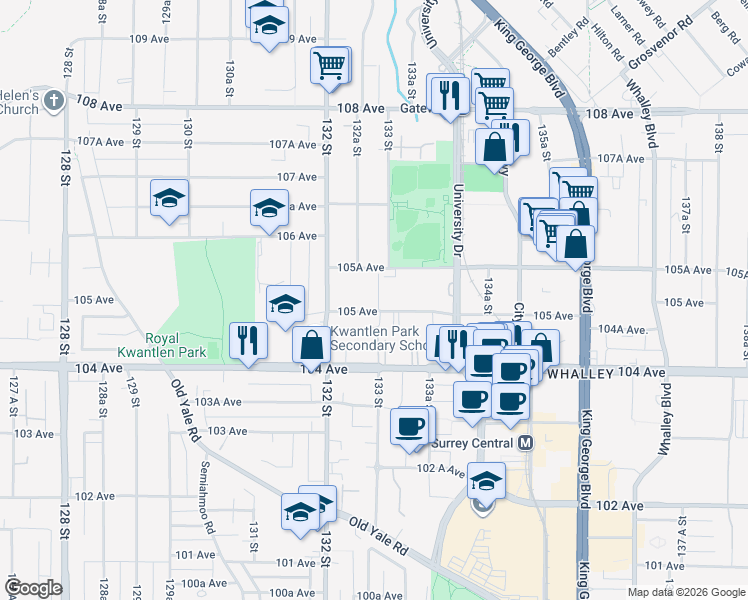 map of restaurants, bars, coffee shops, grocery stores, and more near 13270 105A Avenue in Surrey