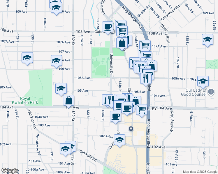 map of restaurants, bars, coffee shops, grocery stores, and more near 10533 University Drive in Surrey