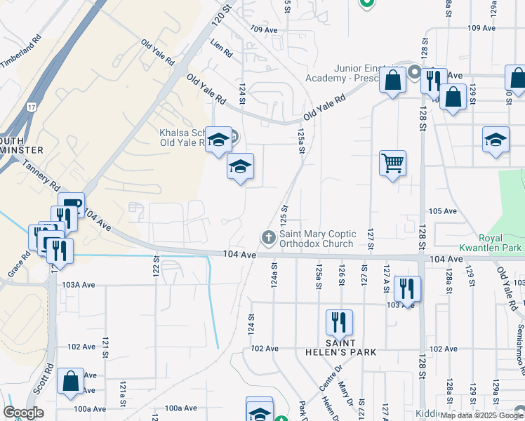 map of restaurants, bars, coffee shops, grocery stores, and more near 10529 125 Street in Surrey