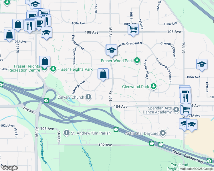 map of restaurants, bars, coffee shops, grocery stores, and more near 10512 Woodglen Place in Surrey