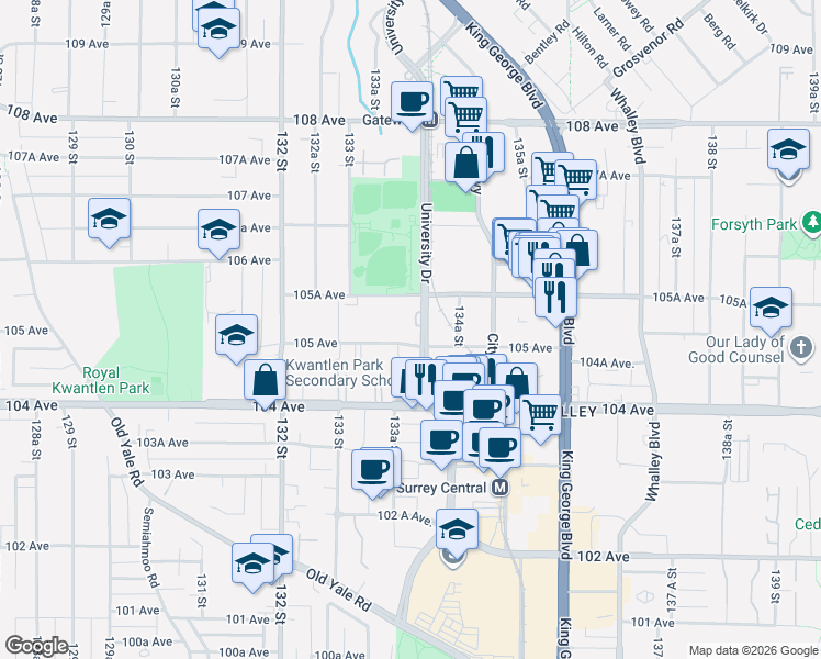 map of restaurants, bars, coffee shops, grocery stores, and more near in Surrey