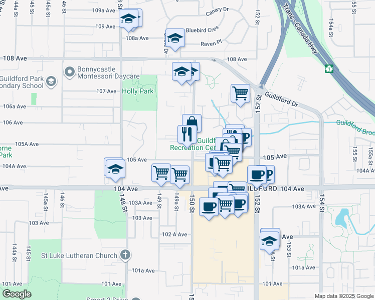 map of restaurants, bars, coffee shops, grocery stores, and more near 10525 150 Street in Surrey