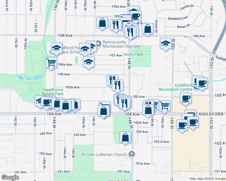 map of restaurants, bars, coffee shops, grocery stores, and more near 14684 105A Avenue in Surrey