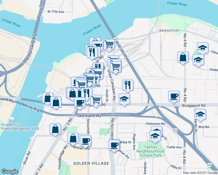 map of restaurants, bars, coffee shops, grocery stores, and more near in Richmond