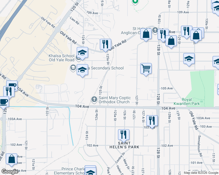 map of restaurants, bars, coffee shops, grocery stores, and more near 10500 125A Street in Surrey