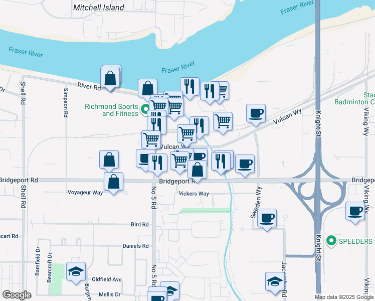 map of restaurants, bars, coffee shops, grocery stores, and more near 12211 Vulcan Way in Richmond