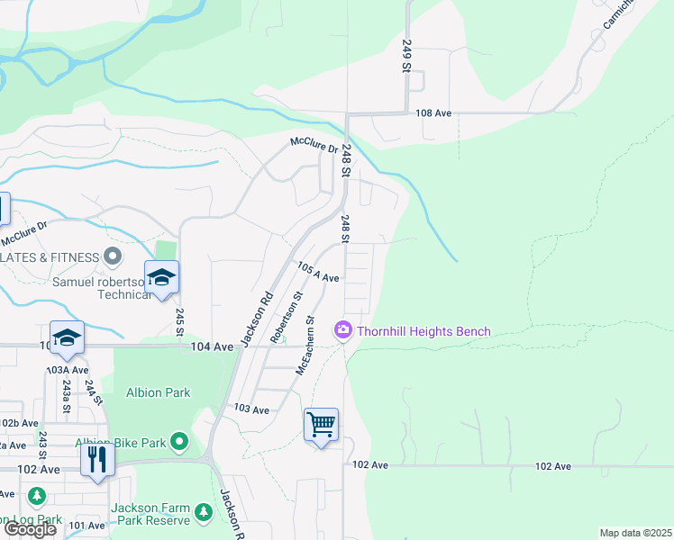 map of restaurants, bars, coffee shops, grocery stores, and more near 24787 105A Avenue in Maple Ridge