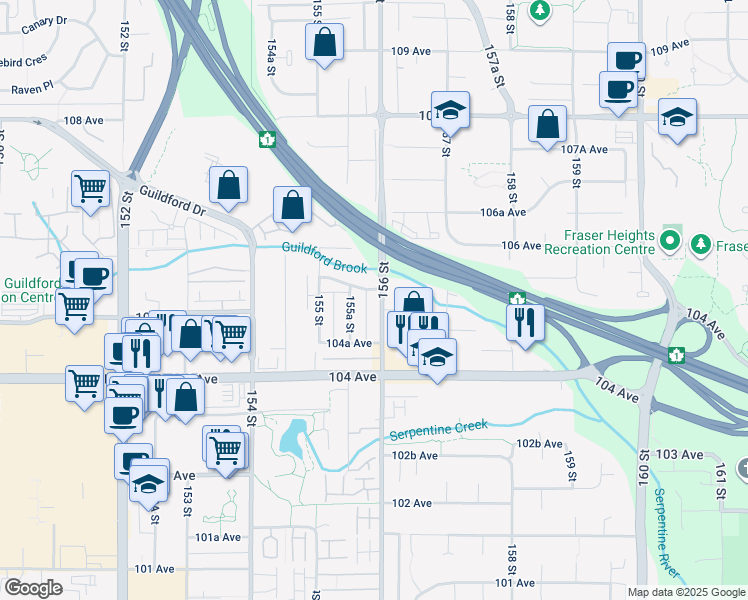 map of restaurants, bars, coffee shops, grocery stores, and more near 10515 156 Street in Surrey