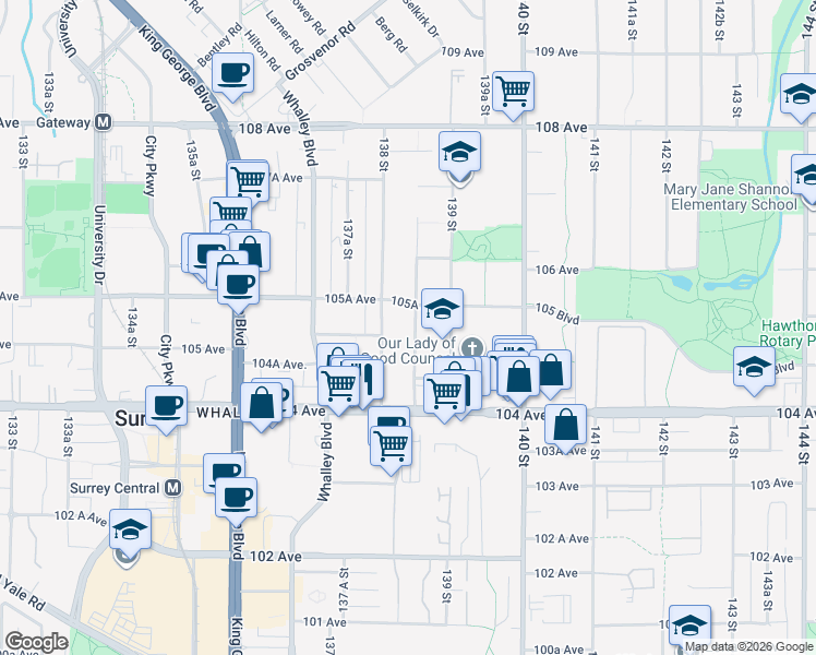 map of restaurants, bars, coffee shops, grocery stores, and more near 10515 138A Street in Surrey
