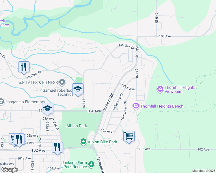 map of restaurants, bars, coffee shops, grocery stores, and more near 10539 McVeety Street in Maple Ridge
