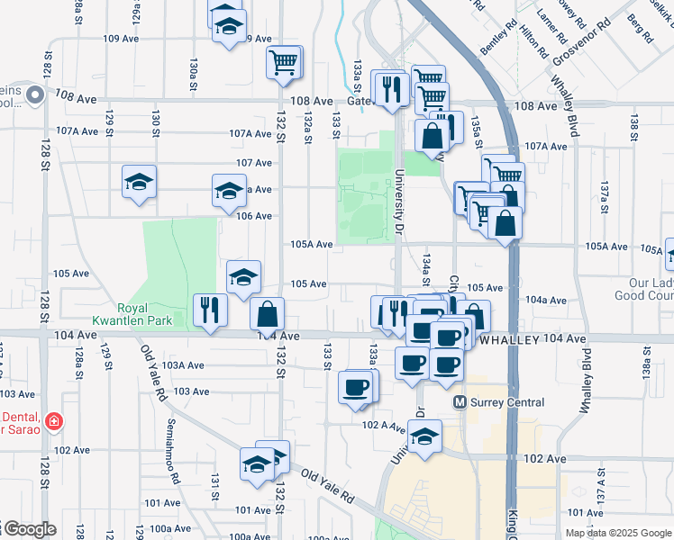 map of restaurants, bars, coffee shops, grocery stores, and more near 13325 105 Avenue in Surrey