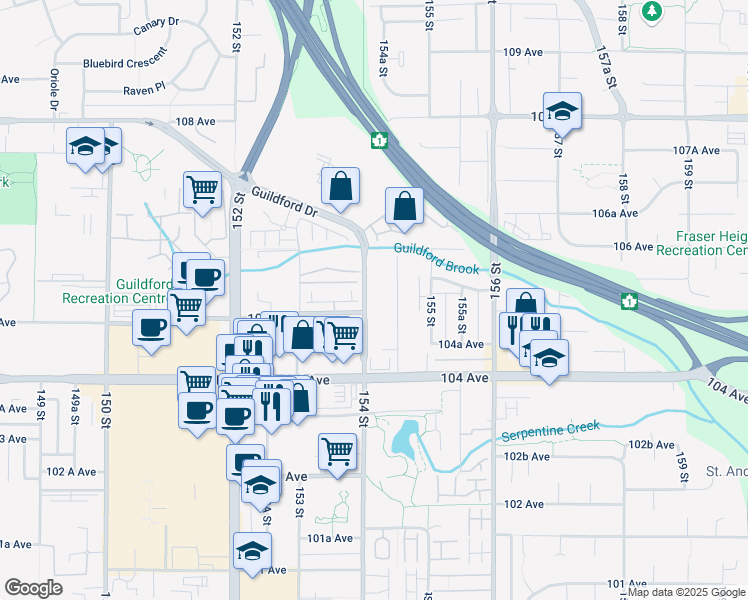 map of restaurants, bars, coffee shops, grocery stores, and more near 10530 154 Street in Surrey