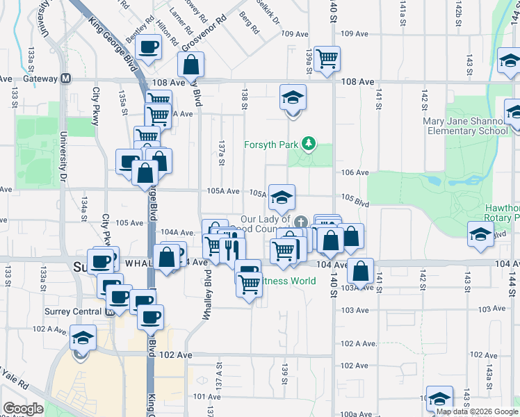 map of restaurants, bars, coffee shops, grocery stores, and more near 10515 138A Street in Surrey