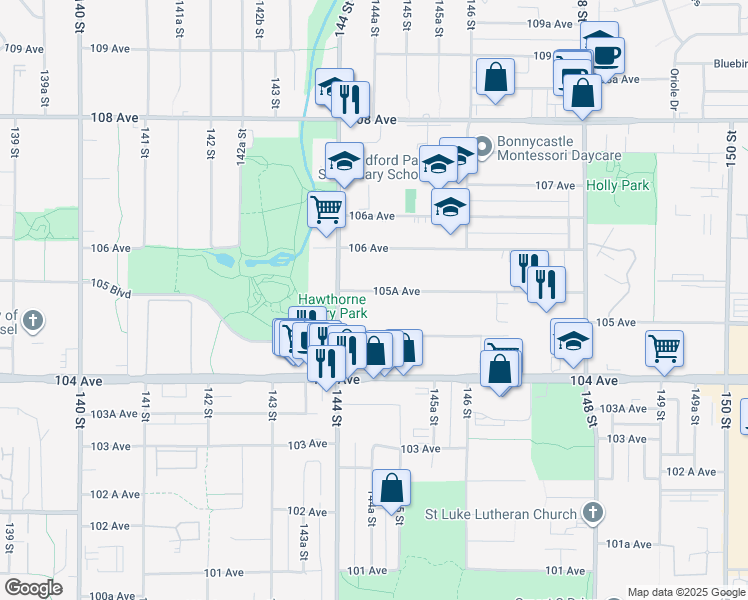 map of restaurants, bars, coffee shops, grocery stores, and more near 14458 105A Avenue in Surrey