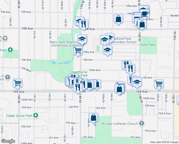 map of restaurants, bars, coffee shops, grocery stores, and more near 14460 105A Avenue in Surrey