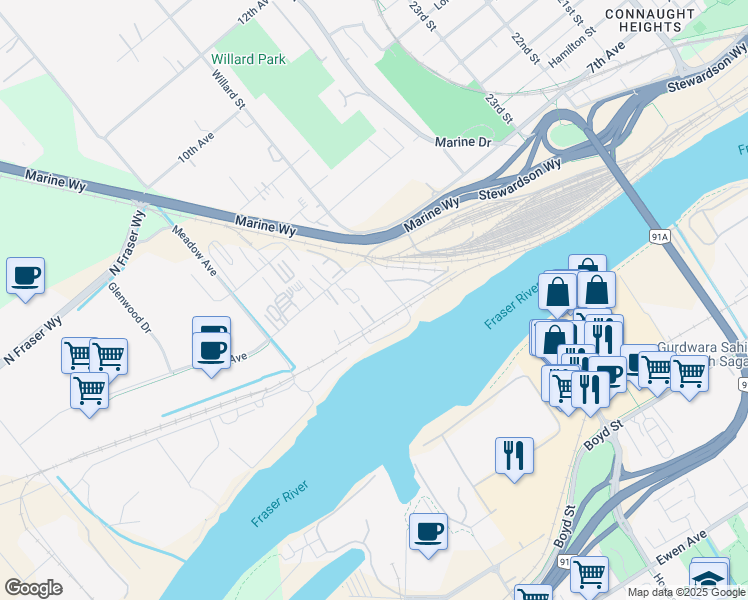 map of restaurants, bars, coffee shops, grocery stores, and more near 53119 Willard Street in Burnaby