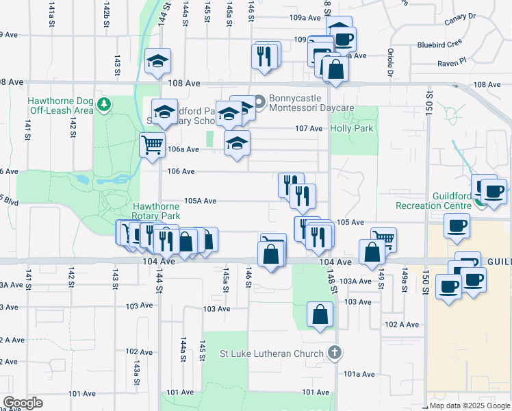 map of restaurants, bars, coffee shops, grocery stores, and more near 14620 105A Avenue in Surrey