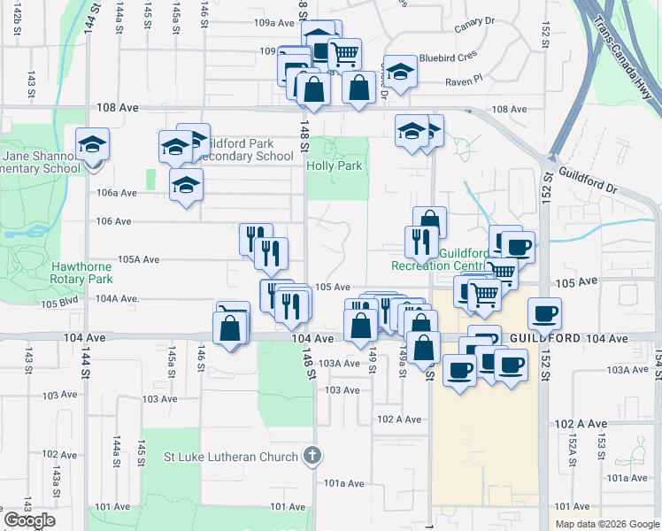 map of restaurants, bars, coffee shops, grocery stores, and more near 10589 Holly Park Lane in Surrey