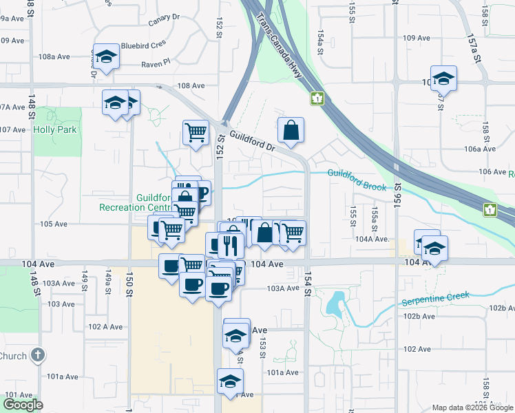 map of restaurants, bars, coffee shops, grocery stores, and more near 10505 153 Street in Surrey