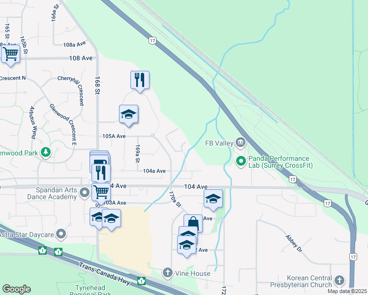 map of restaurants, bars, coffee shops, grocery stores, and more near 10505 171 Street in Surrey