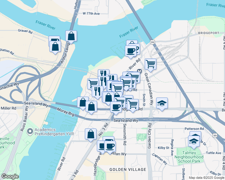 map of restaurants, bars, coffee shops, grocery stores, and more near 2811 Number 3 Road in Richmond