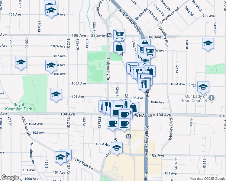 map of restaurants, bars, coffee shops, grocery stores, and more near in Surrey