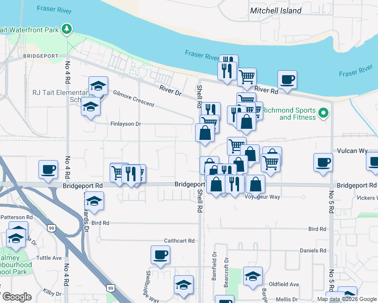 map of restaurants, bars, coffee shops, grocery stores, and more near 10655 Mckessock Place in Richmond